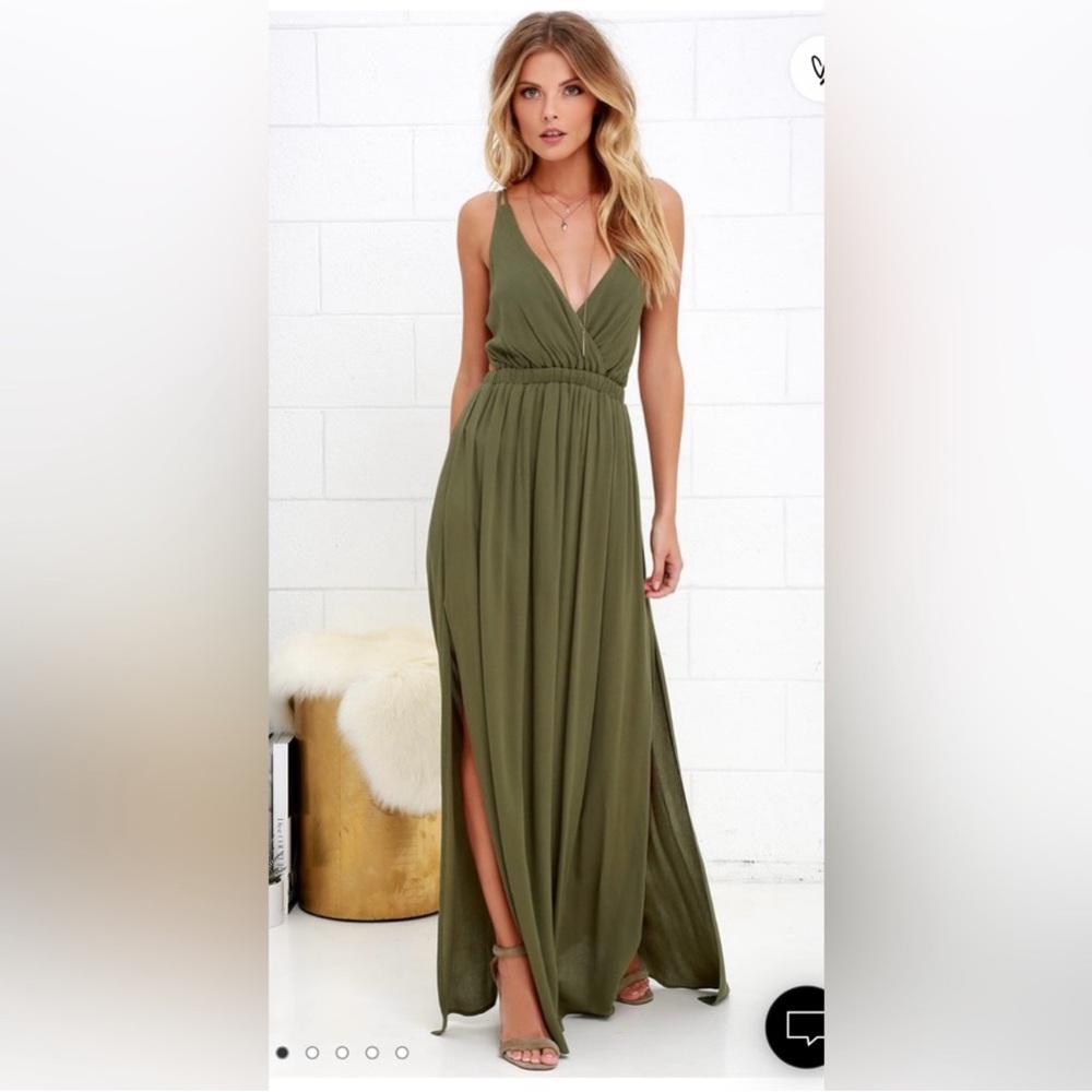 NWT Lulu’s Lost In Paradise Olive Green Maxi Dress